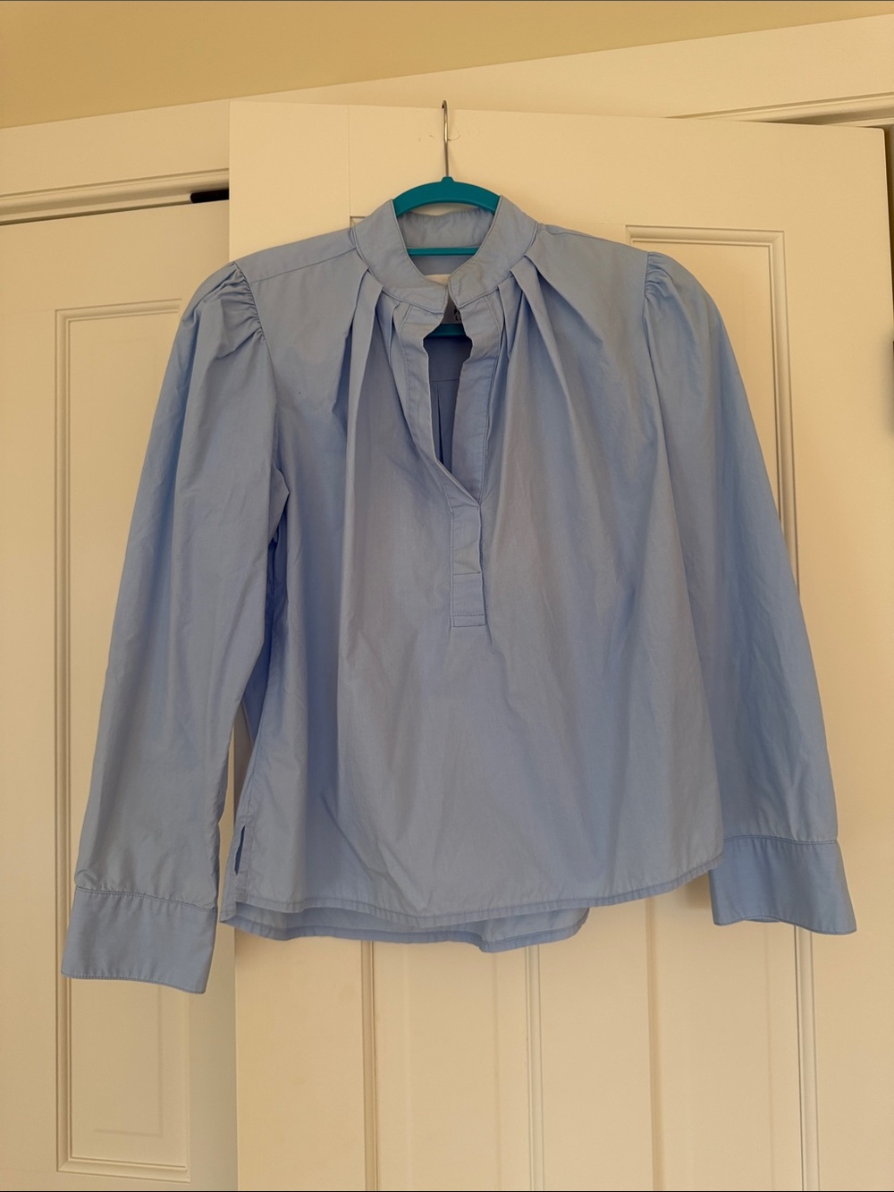 Light Blue Women's Pleated Neck Popover Blouse